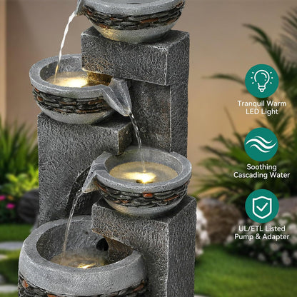 19.5" H 4-Tier Indoor & Outdoor Water Fountain with LED Lights | Resin Pebble Textured Tabletop Cascading Water Feature, Relaxing Decor for Patio, Porch, Deck, Yard & Home