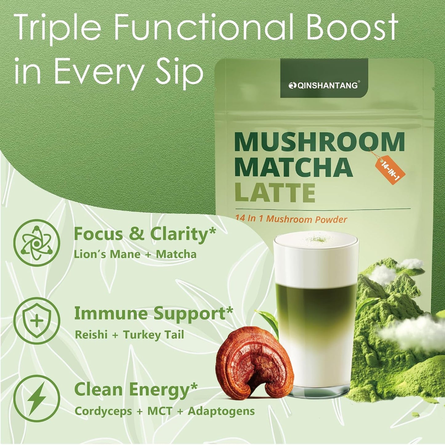 Mushroom Matcha Latte, Ceremonial Matcha Green Tea Powder with 14 Mushrooms, Probiotics and MCT Powder | Lion's Mane, Reishi & Chaga | Instant Latte Mix, Non-GMO, Vegan & Sugar-Free | 6.35 Oz