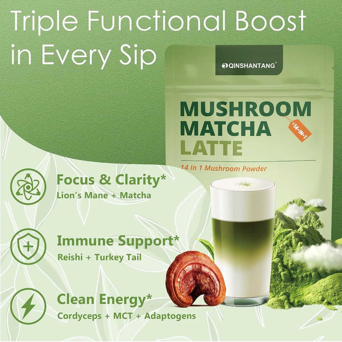 Mushroom Matcha Latte, Ceremonial Matcha Green Tea Powder with 14 Mushrooms, Probiotics and MCT Powder | Lion's Mane, Reishi & Chaga | Instant Latte Mix, Non-GMO, Vegan & Sugar-Free | 6.35 Oz