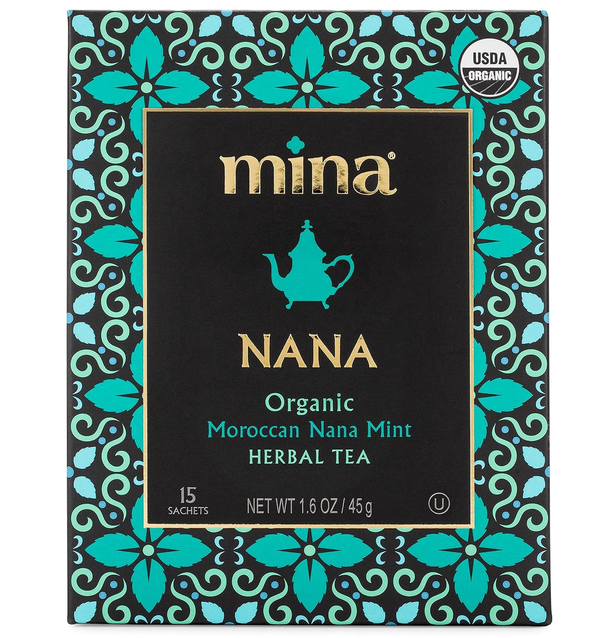 Mina Nana Organic Moroccan Mint Herbal Tea, 15 Biodegradable Sachets - Refreshing Moroccan Mint Tea Bags, Herbal Tea, Caffeine-Free Tea Bags