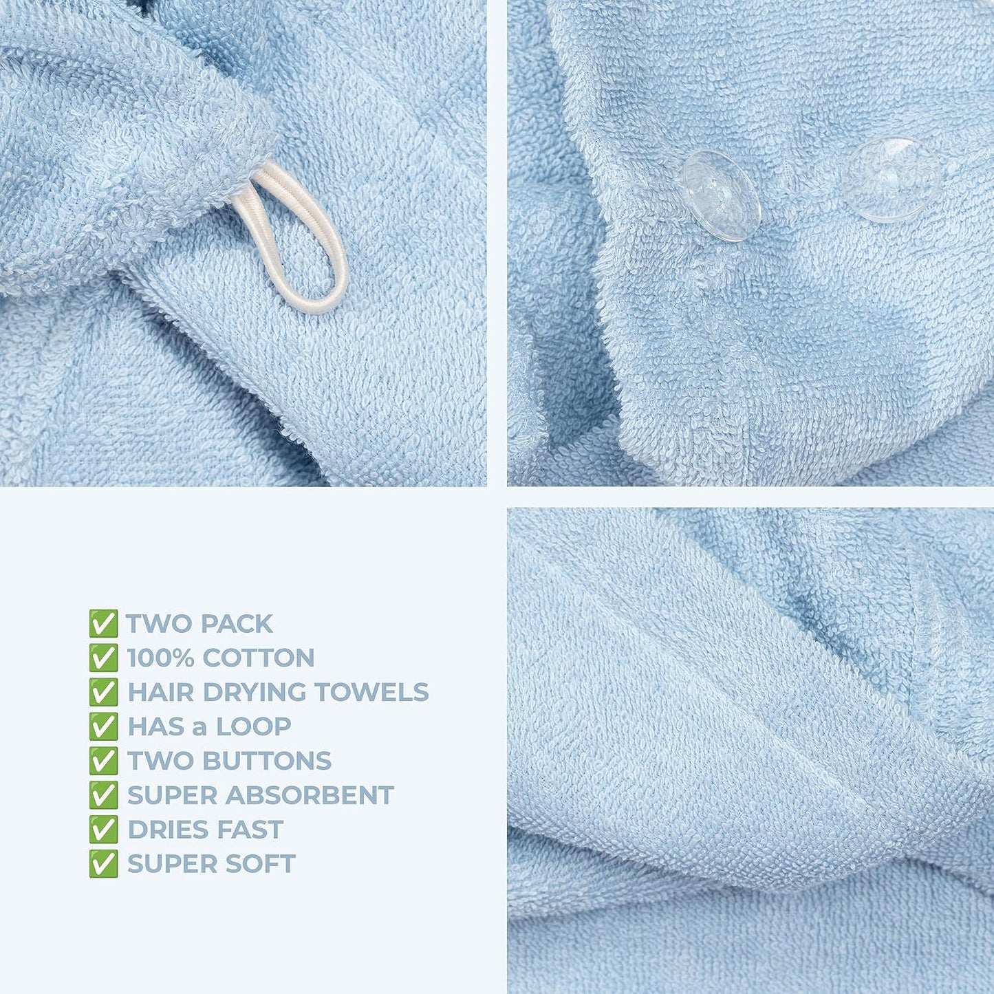 American Soft Linen 100% Cotton Hair Towels for Women, Head Towel Cap, Cotton Hair Turban Towel Wrap for Long Curly Anti Frizz Hair, Soft and Absorbent Cotton Hair Towels 2 Pack, White