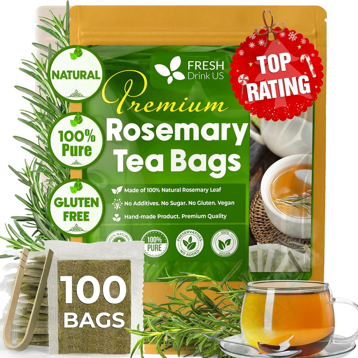 FreshDrinkUS, Premium Rosemary Leaf Tea, 100 Count, Pure, Caffeine Free