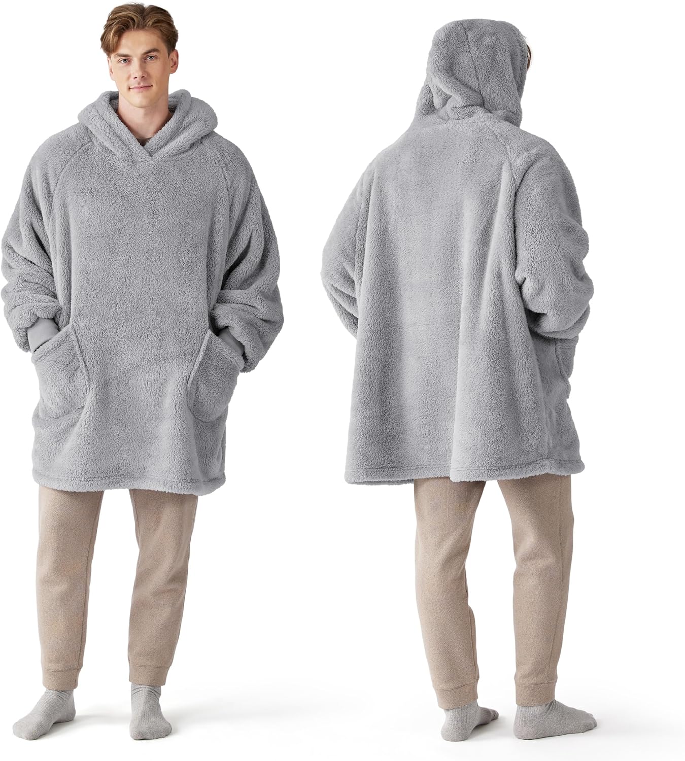 Bedsure Wearable Blanket Hoodies, Blanket Hoodie as Mothers Day Birthday Gifts for Mom Women, Warm Cozy Soft Sweatshirt Hooded Blankets for Women Men Adults, Grey, Standard