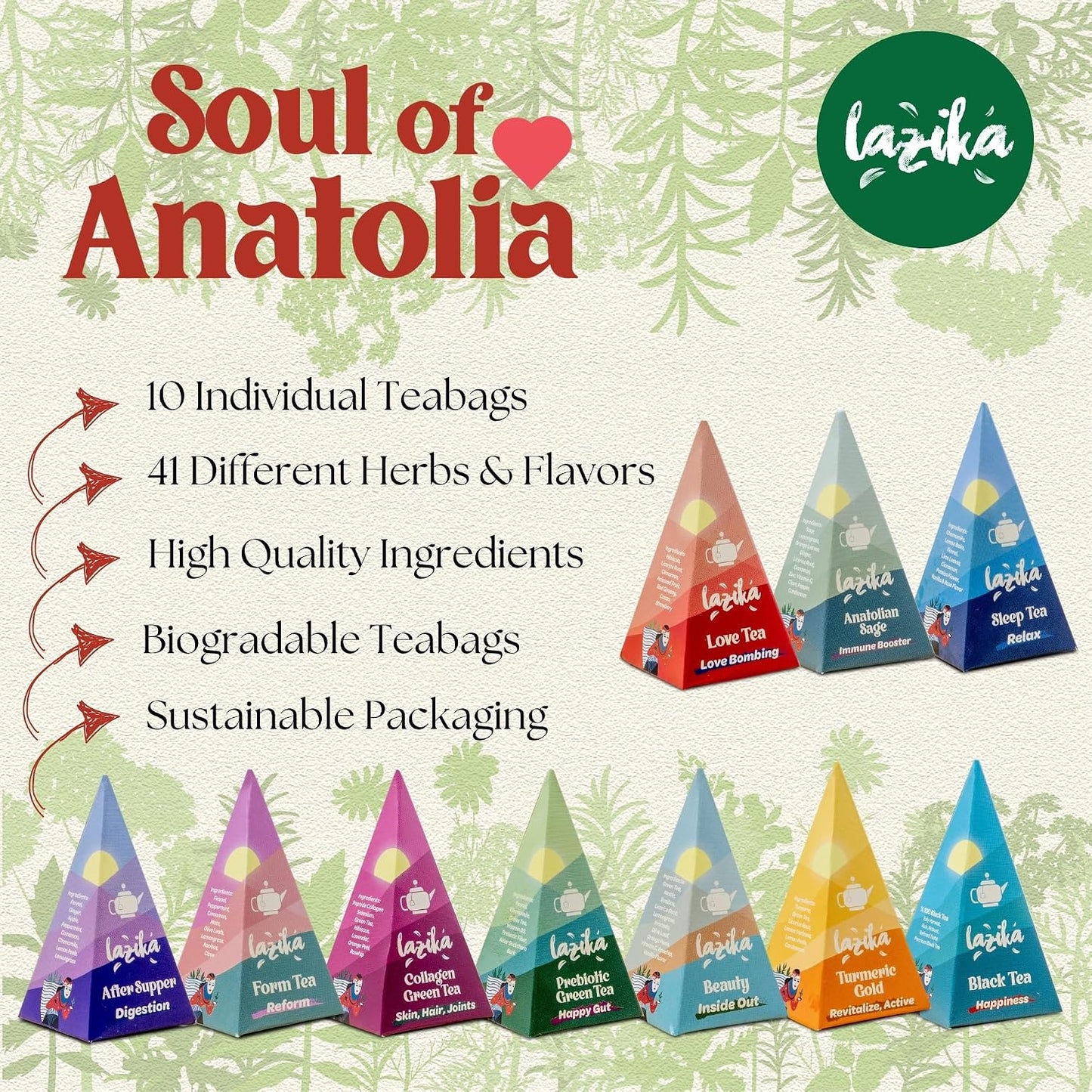 Lazika Tea Sampler with Premium Presentation Box, 10 Counts, Mothers Day Gifts, 2 of Each Blend Individually Wrapped, Black, Green and Herbal Tea Variety Gift Set, Collection with Pyramid Infuser Bag