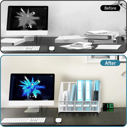 SUPEASY Desk Organizers Metal Desk Magazine File Holder with 5 Vertical Compartments Rack File Organizer for Office Desktop, Classroom, Home Workspace, Black