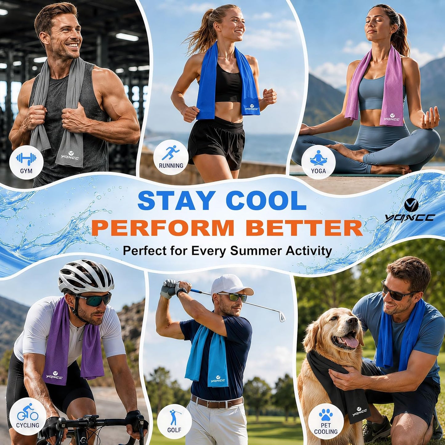 YQXCC 4 Pack Cooling Towels (47"x12"), Ice Cool Neck Towel, Soft Breathable Microfiber for Yoga, Golf, Gym, Running, Camping & Hot Weather