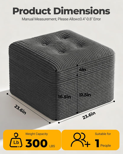 23.6in Pouf Ottoman, Corduroy Ottoman Foot Rest with Dual‑Layer Support, Large Plush Pouf with Soft Chunk‑Foam Top & Firm Foam Base, Floor Foot Stool for Living Room, Beige