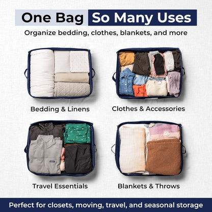 Soft Canvas Storage Bags with Zipper. Thick Breathable, 2pc King/Queen Comforter Organizer. Four Carrying Handles and Window. Large 25x19x9in Bag for Sheets Blankets Bedding Pillows, Clothes