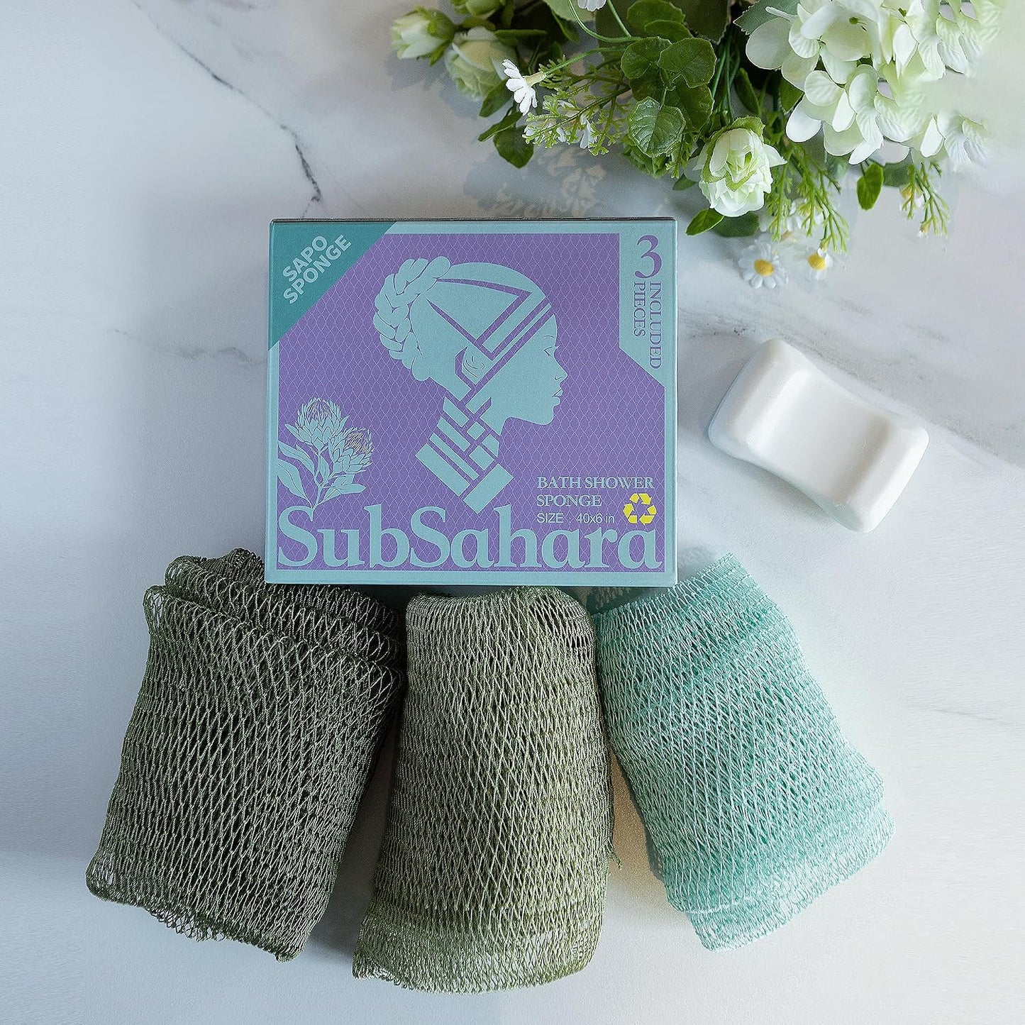 SubSahara Authentic African Net Sponge - 2 Pack Exfoliating Bath & Shower Loofah Sponge for Body & Face, Gentle Scrubber for All Skin Types, Travel, Durable Polyester (Olive Green & Light Green)