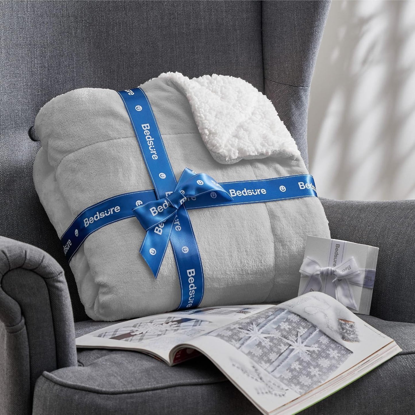 Bedsure GentleSoft Sherpa Fleece Throw Blanket for Couch, Non-Heated, Thick & Warm Cozy Blanket for Winter, Soft Fuzzy Plush Throw Gifts for Women and Men, Grey, 50x60 Inches