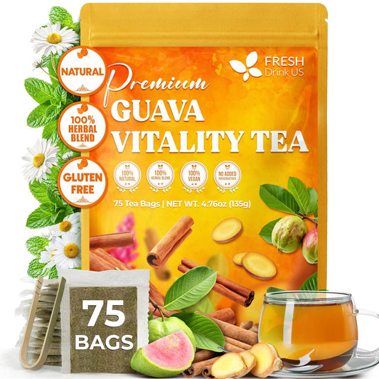 FreshDrinkUS, Premium Guava Vitality Tea | 75 Tea Bags | Guava Leaves, Cinnamon Stick & Ginger Herbal Tea – Caffeine Free Botanical Infusion – Warm & Aromatic Daily – 100% Natural Ingredients