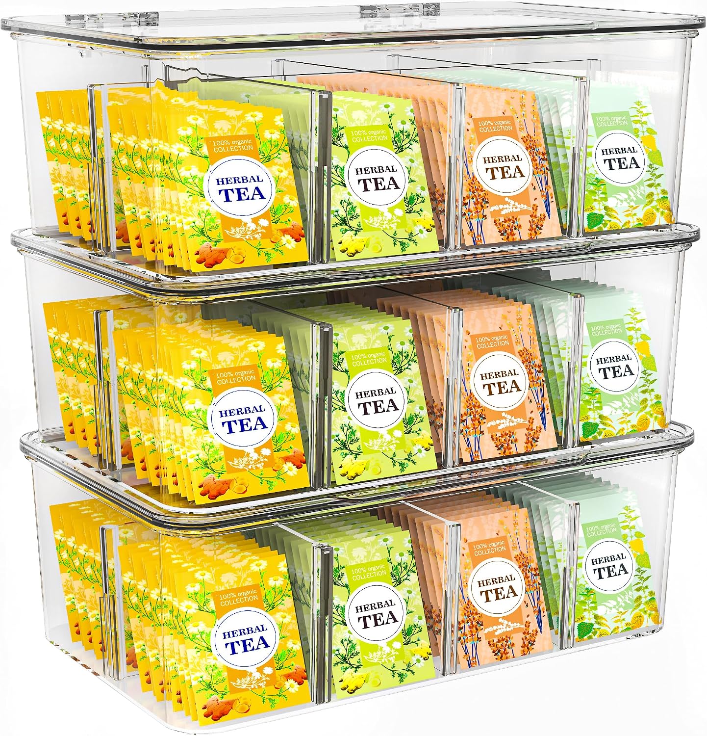 Utopia Home - Tea Bag Organizer With Lids, (1 Pack) Clear Pantry Storage Box - Stackable Partition Organizers or Holder With Lids For Drawers, Countertops, Fridge, Kitchen, Snack & Spice Organization