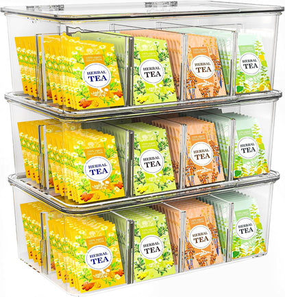 Utopia Home - Tea Bag Organizer With Lids, (1 Pack) Clear Pantry Storage Box - Stackable Partition Organizers or Holder With Lids For Drawers, Countertops, Fridge, Kitchen, Snack & Spice Organization