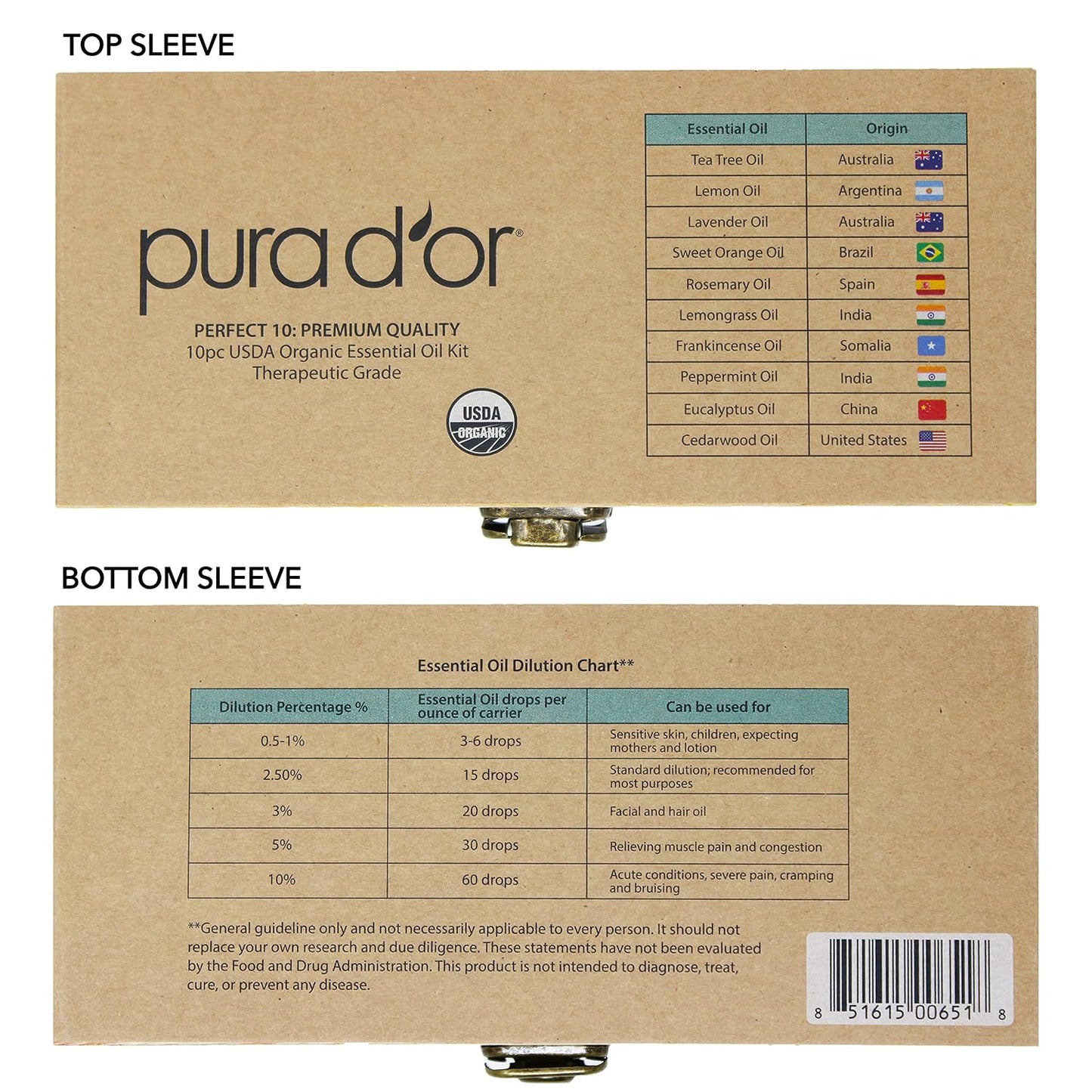PURA D'OR Organic Perfect10 Essential Oils Set - 10x 10mL Wood Box Aromatherapy Gift Set - 100% Pure Therapeutic Grade for Relaxation and Wellness (Lavender, Peppermint, Eucalyptus, Tea Tree & More)