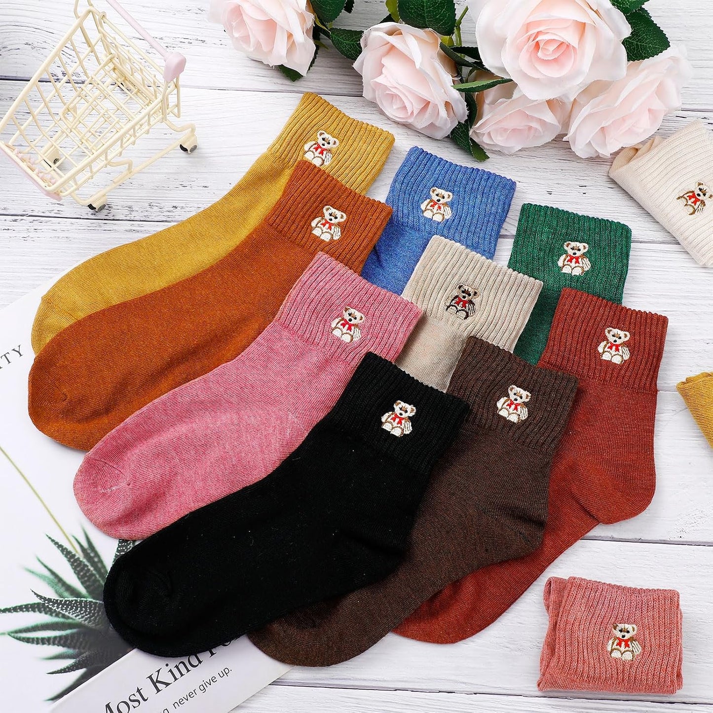 Eurzom 10 Pairs Socks Womens Crew Elastic Ankle Length Cotton Socks Aesthetic Cute Lightweight Low Cut Gifts for Women - Colors B