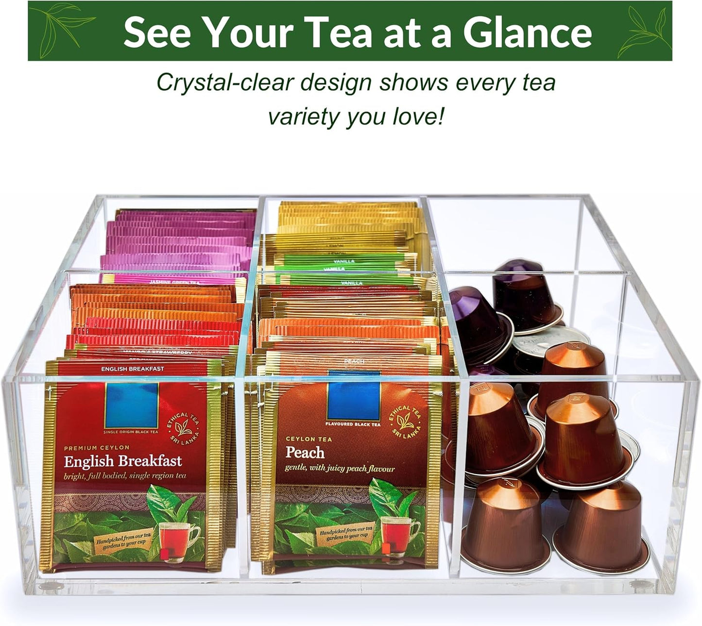 Heavy-Duty Acrylic Tea Bag Organizer, 8-Compartment Storage Box | Perfect Organizer: 8-compartment design keeps tea bags and coffee pods neatly sorted, saving space on your countertop.