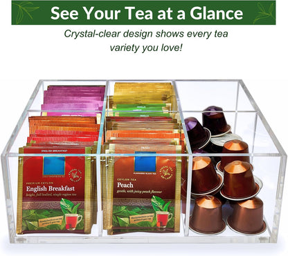 Heavy-Duty Acrylic Tea Bag Organizer, 8-Compartment Storage Box | Perfect Organizer: 8-compartment design keeps tea bags and coffee pods neatly sorted, saving space on your countertop.