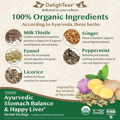 DelighTeas Ayurvedic Herbal Stomach & Liver Tea Bags | Eco-Friendly, Compostable Pyramids | Organic Milk Thistle, Fennel, Ginger, Peppermint & Licorice | Caffeine-Free, Kosher | 30 Tea Bags 4g Each