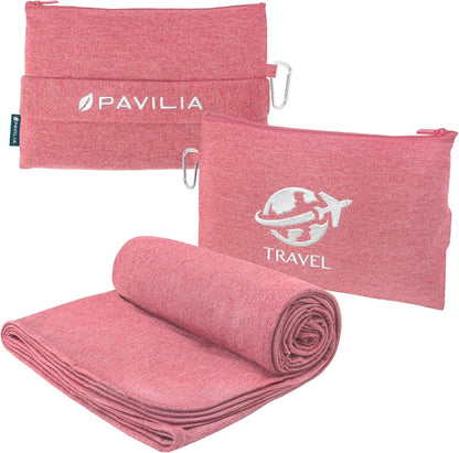 PAVILIA Travel Blanket Airplane Compact Pillow with Bag for Flights, Navy