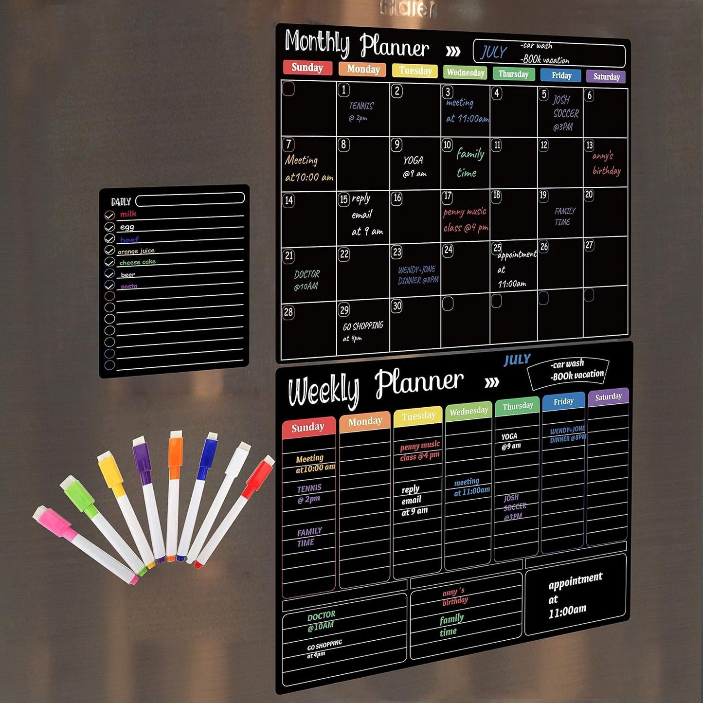 Hivillexun Magnetic Black Dry Erase Calendar White Board Set (3-Pack) - Monthly, Weekly Planners & Daily Notepad for Fridge, Home & Office, Includes 8 Markers