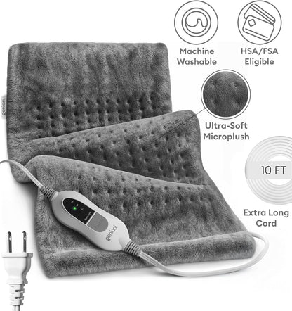 GENIANI Electric Heating Pad for Back Pain & Cramps Relief, Electric Throw, Self Care Gifts for Women, Heating Pad for Neck & Shoulder, Machine Washable Microplush, Auto Shut Off (12"x24", Tabby Gray)