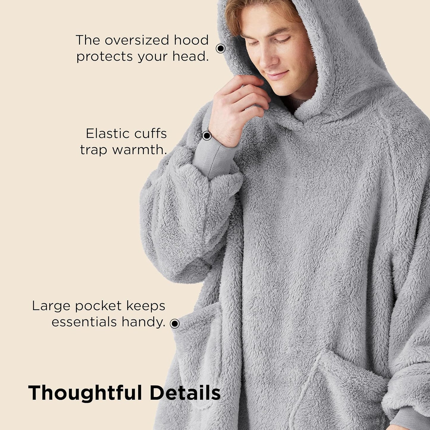 Bedsure Wearable Blanket Hoodies, Blanket Hoodie as Mothers Day Birthday Gifts for Mom Women, Warm Cozy Soft Sweatshirt Hooded Blankets for Women Men Adults, Grey, Standard