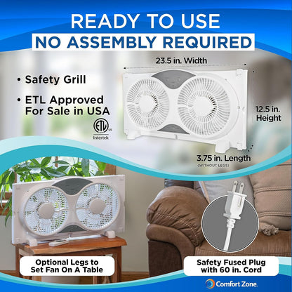 Comfort Zone Twin Window Fan with Reversible Airflow Control, 9 inch, Auto-Locking Expanders, 2 Speed Fan, Dual Fan, Exhaust, Airflow 9.84 ft/sec, Ideal for Home, Kitchen, Bedroom & Office, CZ319WT
