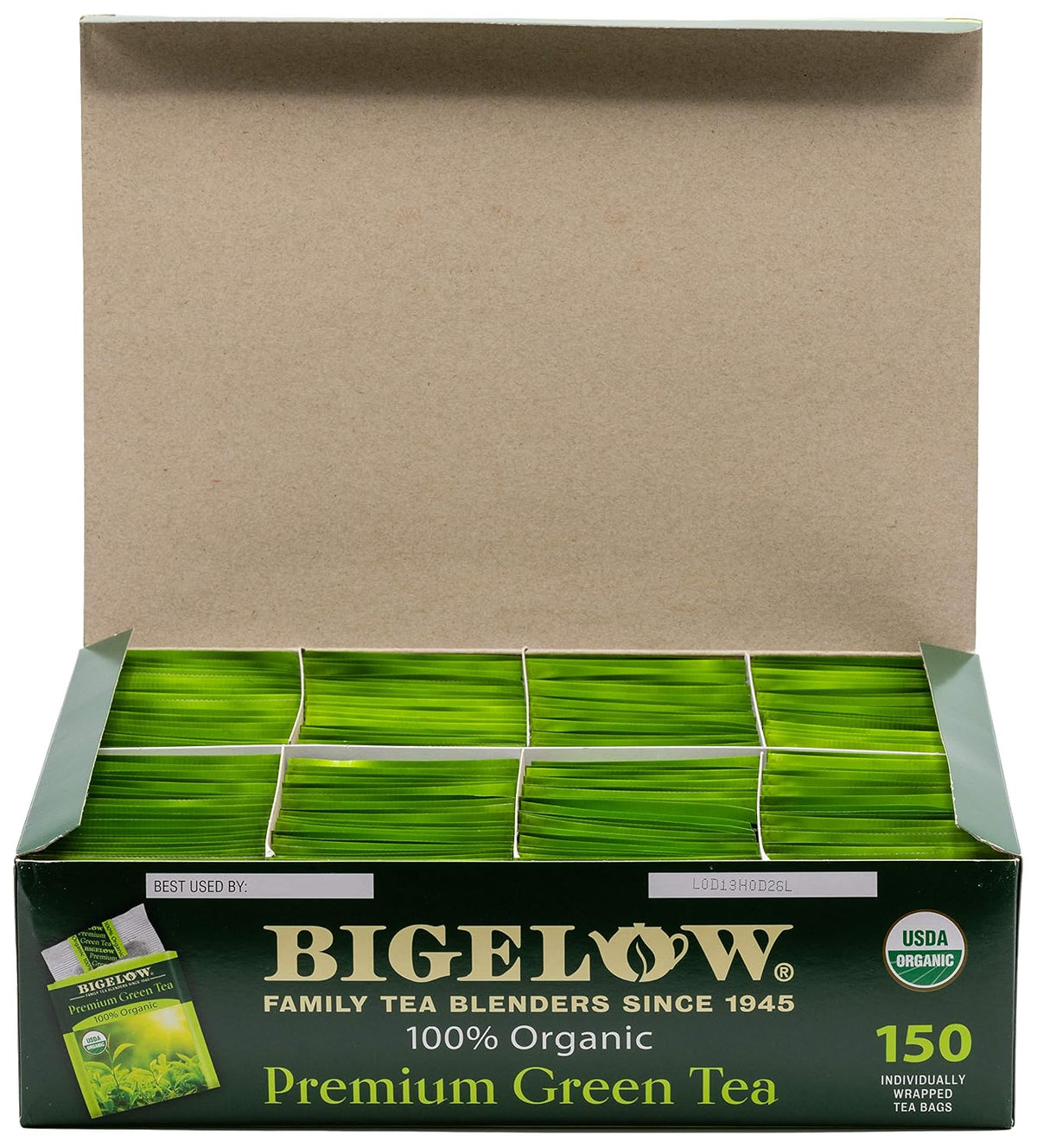 Bigelow Premium 100-Percent Organic Green Tea 150-Count Box, Individually Wrapped