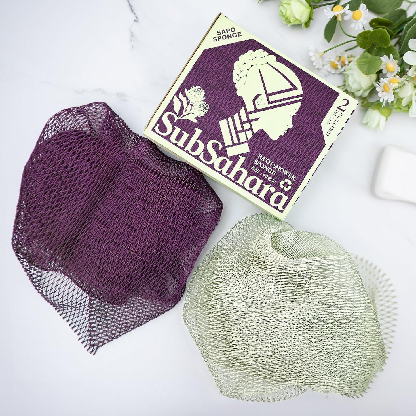 SubSahara Authentic African Net Sponge - 2 Pack Exfoliating Bath & Shower Loofah Sponge for Body & Face, Gentle Scrubber for All Skin Types, Travel, Durable Polyester (Olive Green & Light Green)