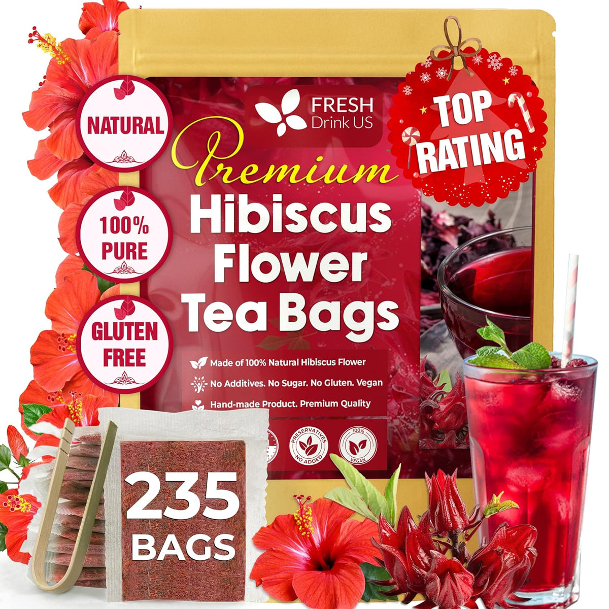 FreshDrinkUS, Premium Hibiscus Flower Tea, 235 Count, Pure, Caffeine Free