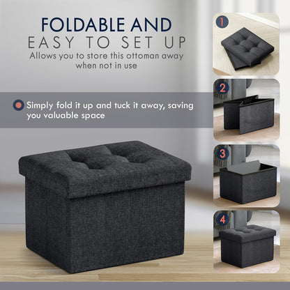 Ornavo Home Small Storage Ottoman Foldable Collapsible Rectangle Linen Ottoman Foot Rest Stool Seat, for Living Room, Bedroom, Home Office, Dorm - 12 x 16 x 12, Black