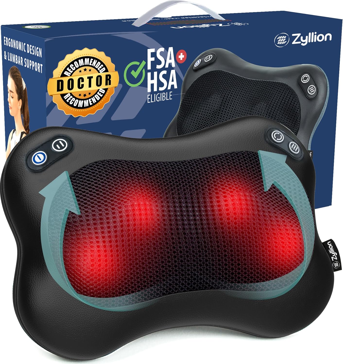 Zyllion Shiatsu Back and Neck Massager with Heat - 3D Electric Kneading Deep Tissue Massage Pillow with 8 Massaging Nodes for Muscle Pain Relief, Black, ZMA-25