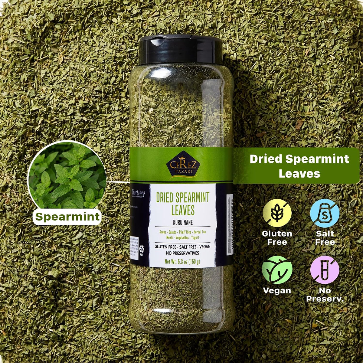 Cerez Pazari Dried Mint Leaves 5.3oz |%100 Natural, Non-irradiated, Non-GMO, Gluten Free, Raw Turkish Dried Spearmint Leaves, Crushed Peppermint Tea | Plastic Pet & Easy to Use Flapper Spice Cap