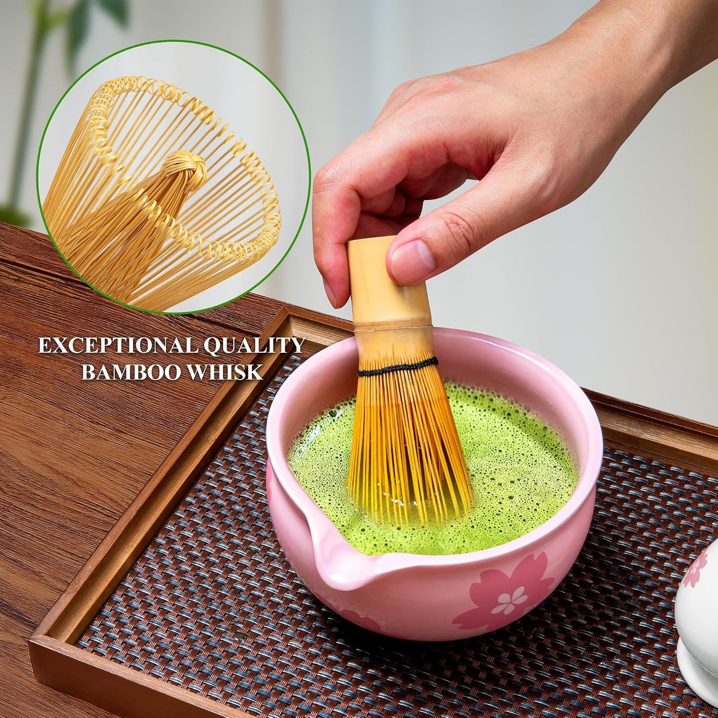 Matcha Whisk Set with Ceramic Bowl - Complete Matcha Making Kit, Bamboo Whisk (Chasen), Whisk Holder, Matcha Powder Sifter, Scoop, Japanese Tea Ceremony Tools（Green）