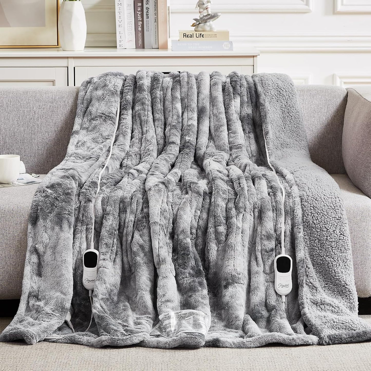 Homemate Heated Blanket Electric Throw - 50"x60" Heating Blanket Throw 1/2/4/6/8 Hours Auto-Off 10 Heat Levels Over-Heat Protection Luxury Faux Fur Sherpa ETL Certification