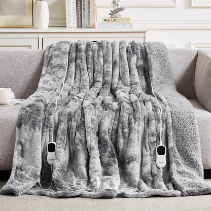 Homemate Heated Blanket Electric Throw - 50"x60" Heating Blanket Throw 1/2/4/6/8 Hours Auto-Off 10 Heat Levels Over-Heat Protection Luxury Faux Fur Sherpa ETL Certification