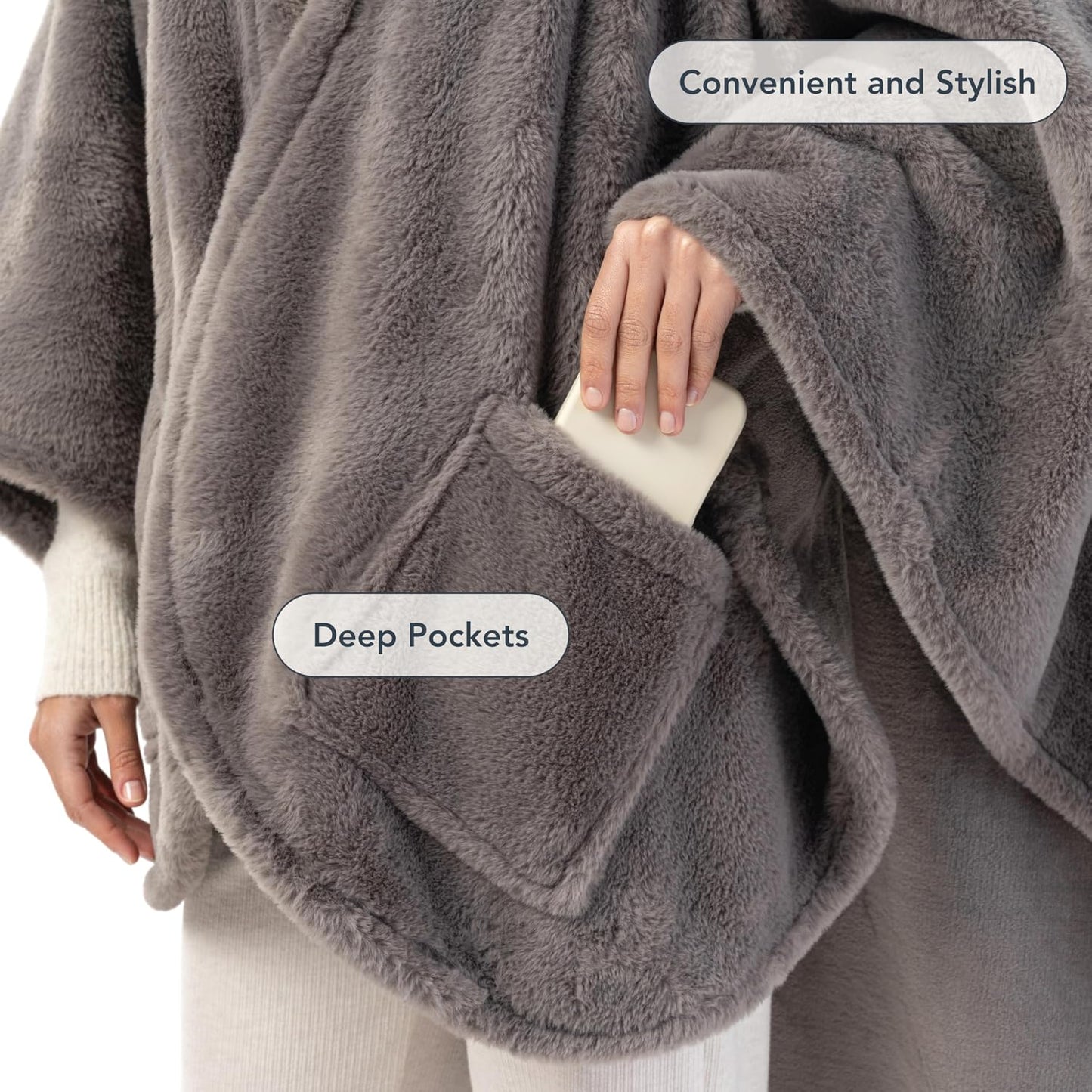 Berkshire Faux Fur Wearable Blanket, Cozy Reversible Loftmink Fleece Shawl with Hood & Side Pockets
