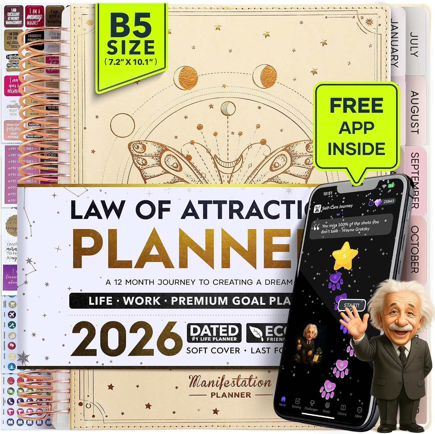 Manifestation Journal – Hourly, Weekly & Monthly Planner | 12-Month to Increase Productivity, Life Organizer & Goal Planner | Spiral Journal, Habit Tracker, Foldable Vision Board, Gift Box & Stickers