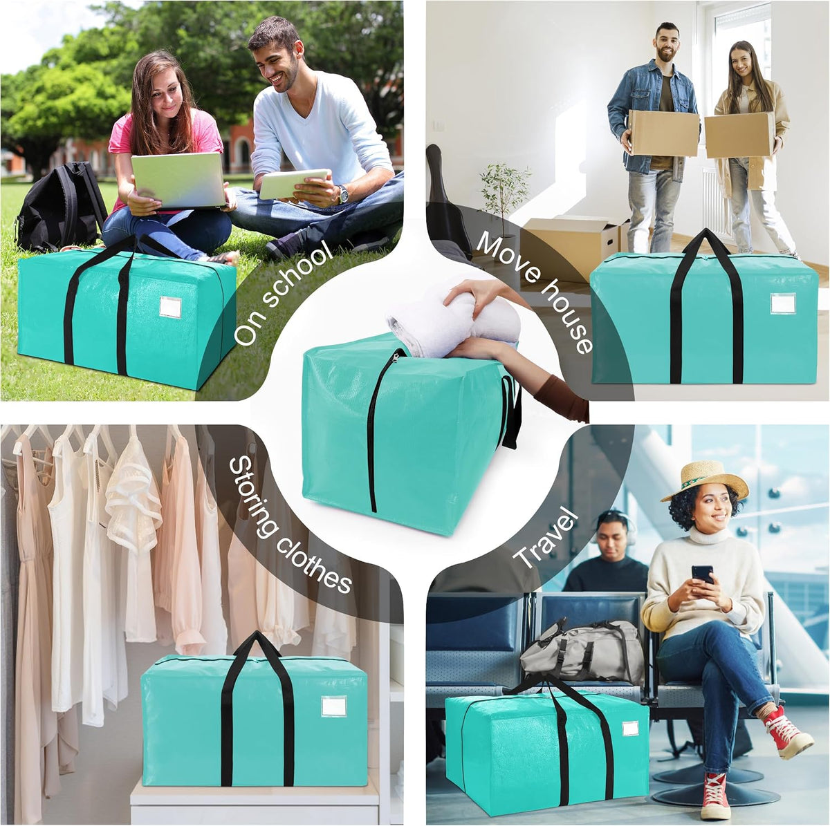 VELVETSURE Heavy Duty Extra Large Moving Bags W/Backpack Straps - Strong Handles & Zippers, Storage Totes For Space Saving, Fold Flat, Alternative to Box and Bin (Set of 6, Multicolor)