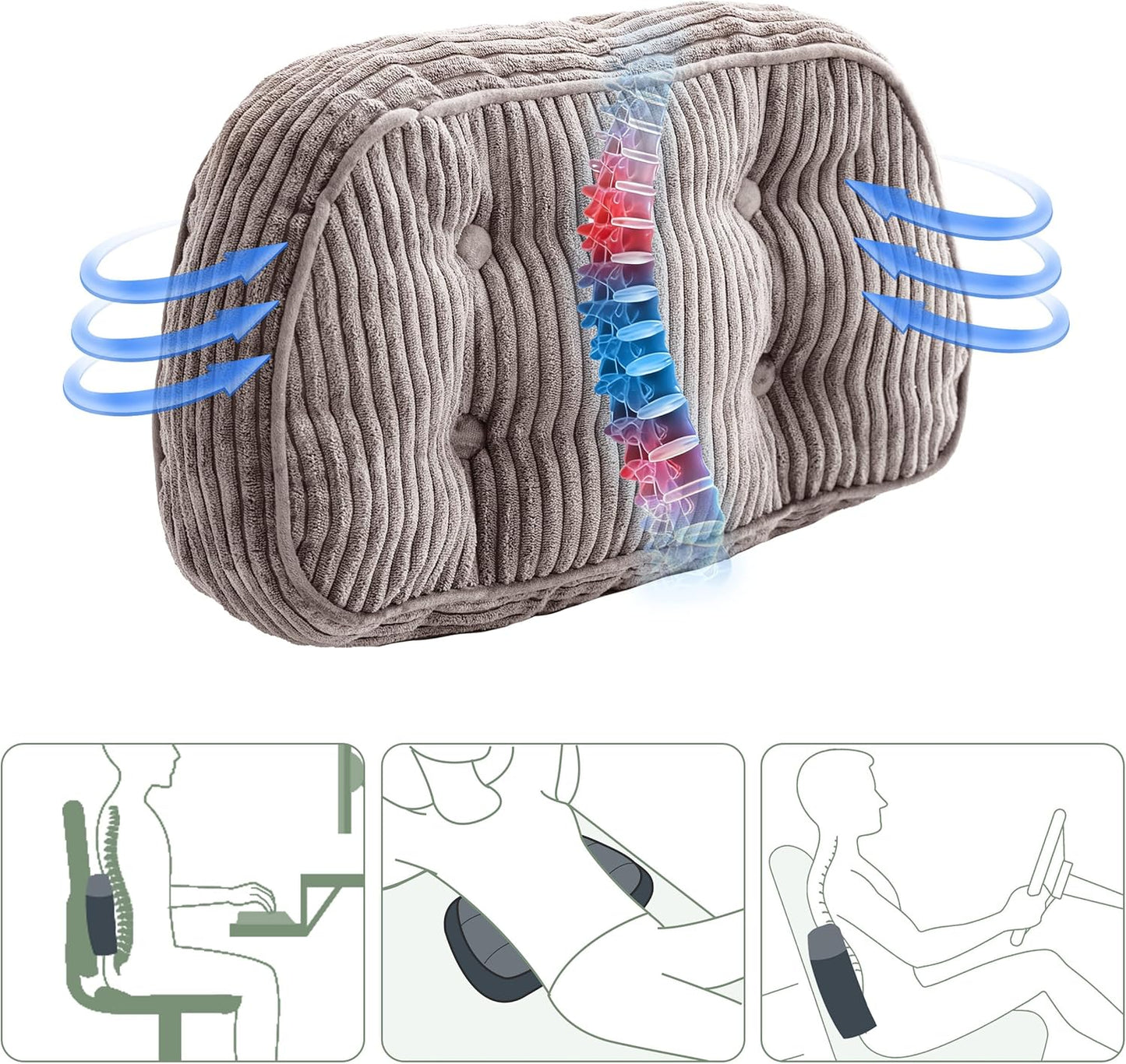 HIGOGOGO Lumbar Support Pillow for Recliner Chair/Accent Chair/Couch/Office Chair, Tufted Corduroy Back Support Cushion for Elderly, Recliner Cushions for Back Rest, Pain Relief, Reading, Brown
