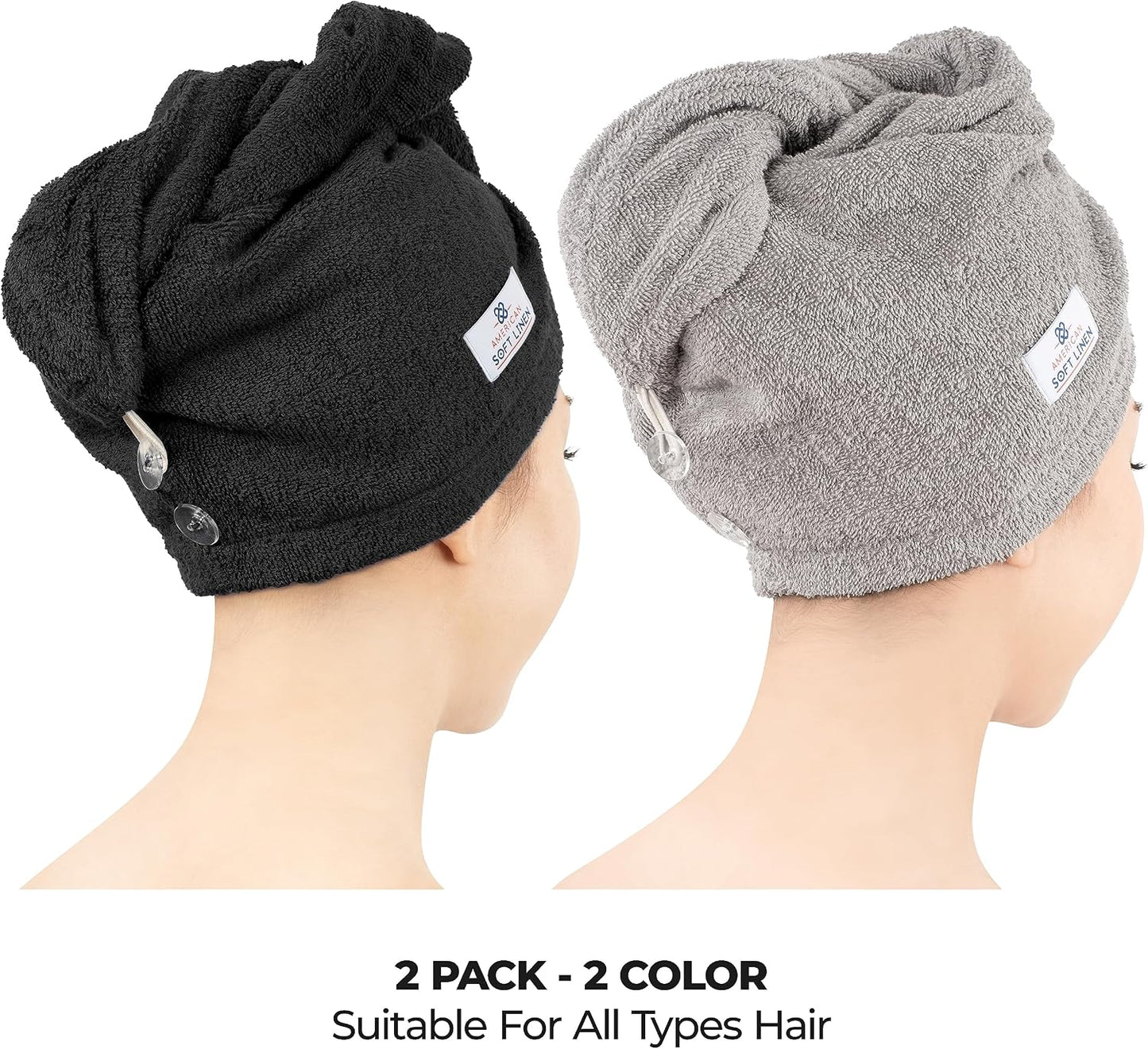 American Soft Linen 100% Cotton Hair Towels for Women, Head Towel Cap, Cotton Hair Turban Towel Wrap for Long Curly Anti Frizz Hair, Soft and Absorbent Cotton Hair Towels 2 Pack, White