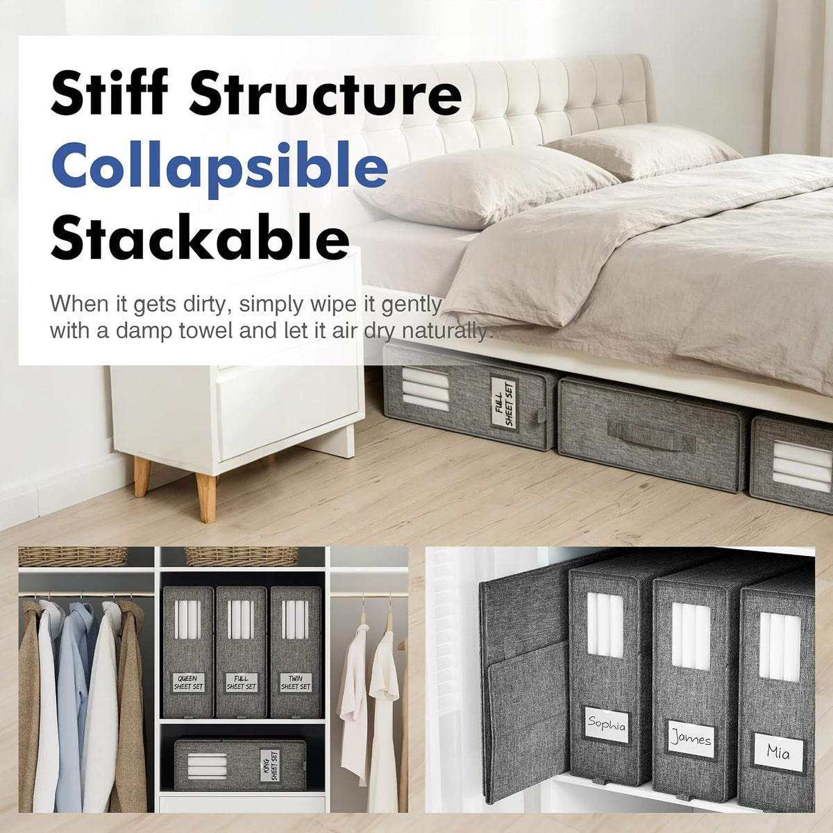 Furnhome Bed Sheet Organizers and Storage, Foldable Linen Closet Organizer Box with Clear Window, Labels & Reinforced Handles, Stackable Space Saving Bedding Storage for King Queen Sheet Set