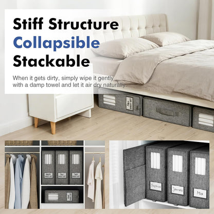 Furnhome Bed Sheet Organizers and Storage, Foldable Linen Closet Organizer Box with Clear Window, Labels & Reinforced Handles, Stackable Space Saving Bedding Storage for King Queen Sheet Set