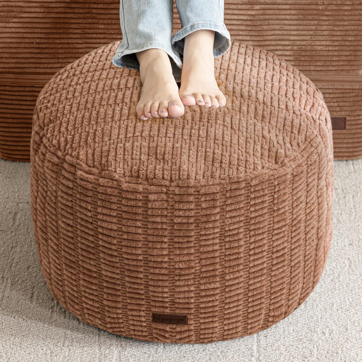 HIGOGOGO Pouf Ottoman Stuffed Round Modern Foam Filled Foot Rest Poufs for Living Room Chair Decorative 20 X 15 Inches Boho Relax Stool for Wedding Christmas Party, Beige