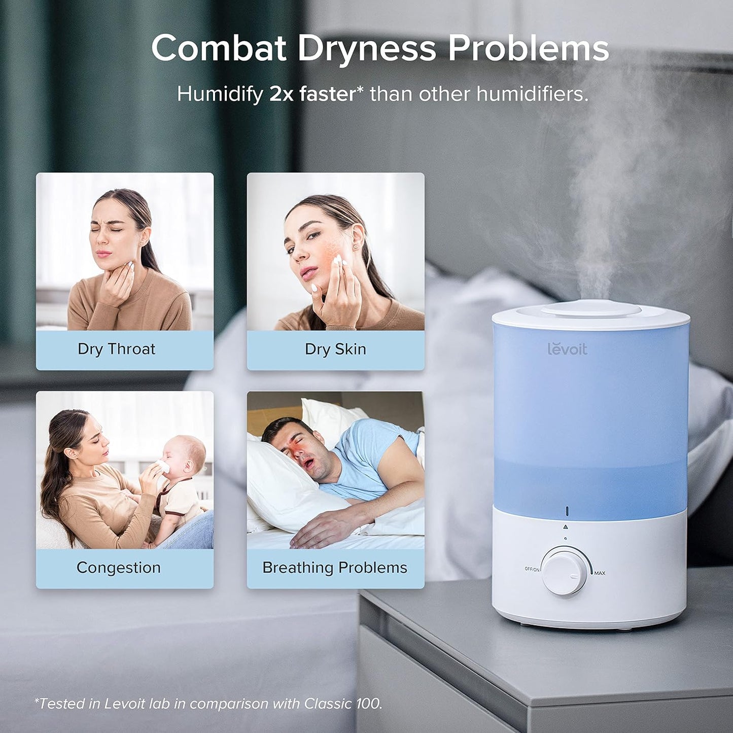LEVOIT Humidifiers for Bedroom, Quiet, 3L Cool Mist, Essential Oil Diffuser | Top Fill/25Watt - Home/Large Room - 360° Nozzle - Rapid Ultrasonic Humidification for Baby Nursery/Plant