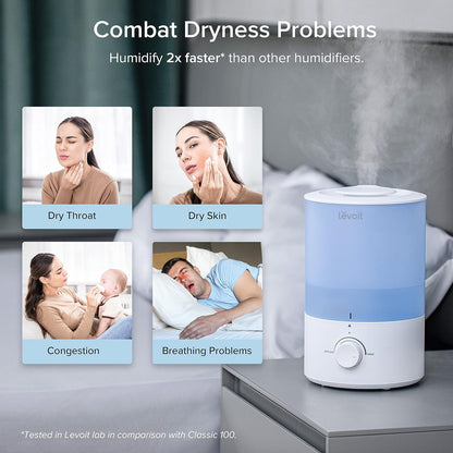 LEVOIT Humidifiers for Bedroom, Quiet, 3L Cool Mist, Essential Oil Diffuser | Top Fill/25Watt - Home/Large Room - 360° Nozzle - Rapid Ultrasonic Humidification for Baby Nursery/Plant