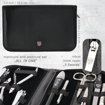 3 Swords Germany - brand quality 10 piece manicure pedicure grooming kit set for professional finger & toe nail care scissors clipper fashion leather case in gift box, Made by 3 Swords (00286)