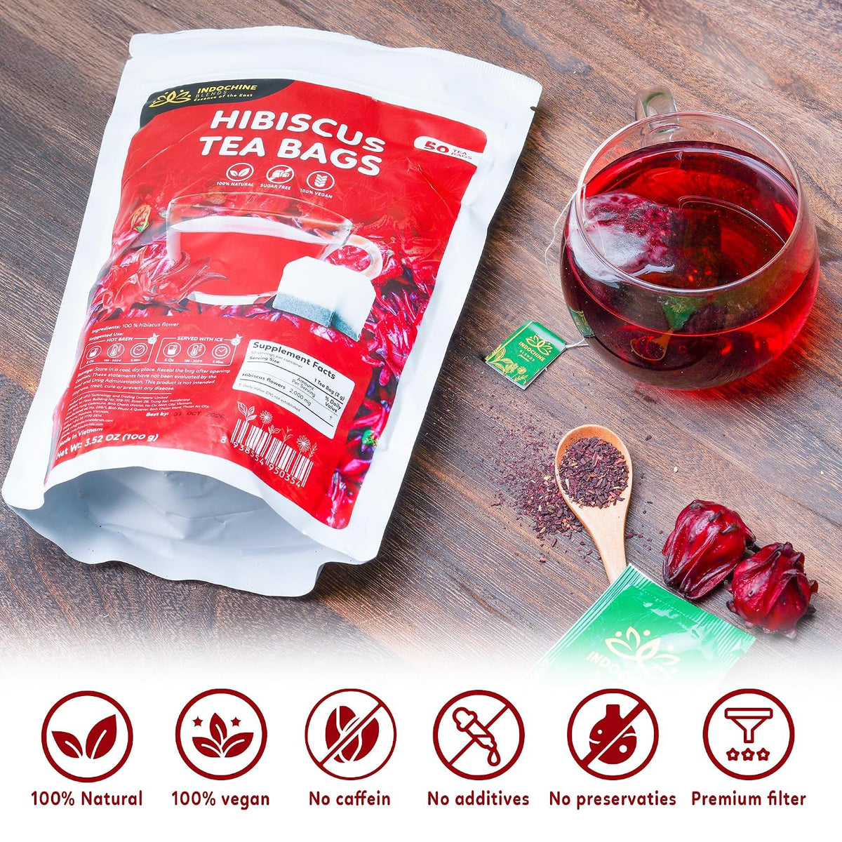 Indochine Blends Hibiscus Tea Bags, 100% Pure Hibiscus Flower