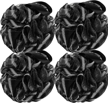 DadyMart Shower Loofah Sponge Pouf – XL Exfoliating Bath Puff Body Scrubber, Soft Mesh Shower Sponge with Reinforced Knot, Rich Lather, Set of 4 for Women and Men