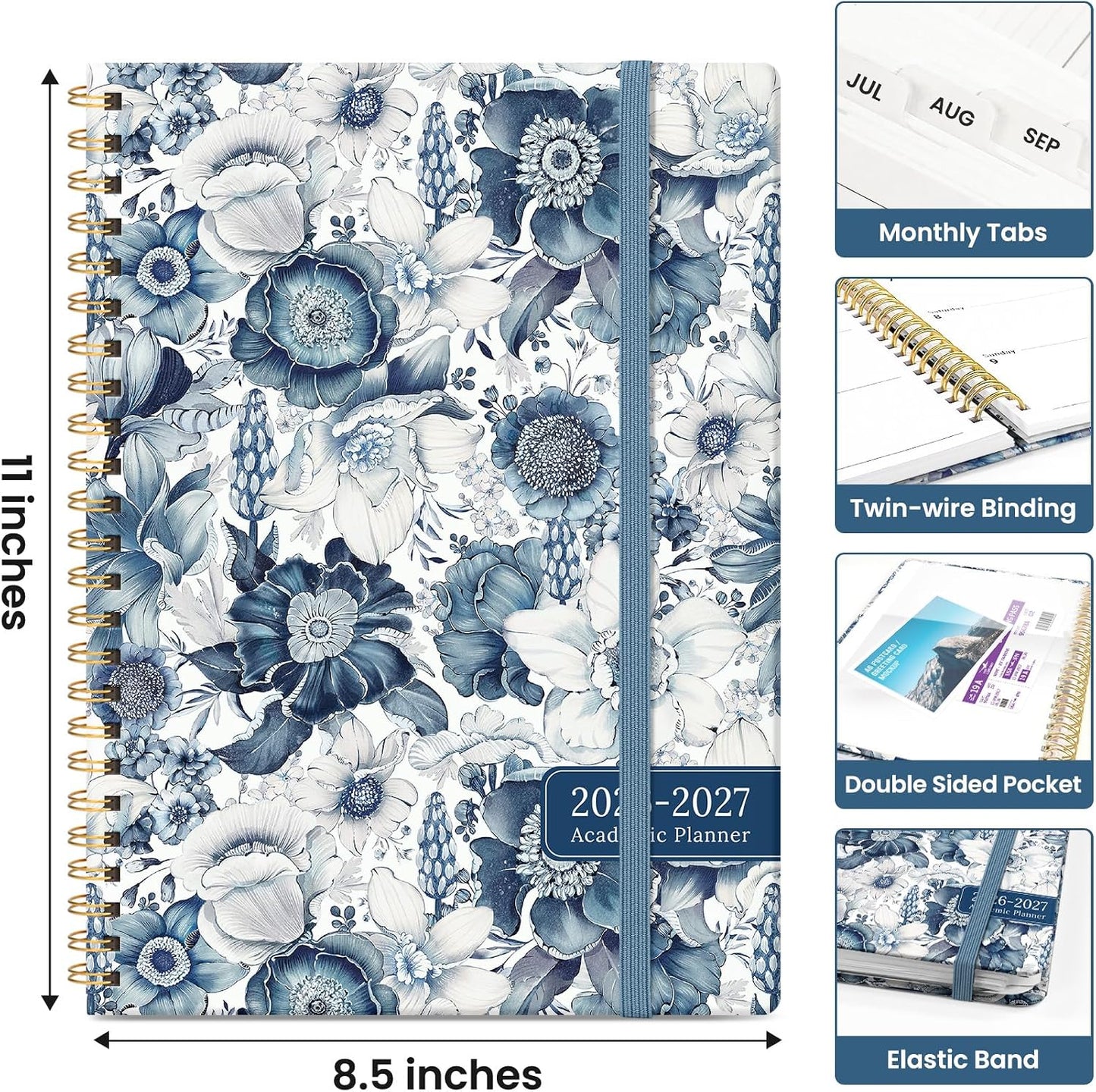 Planner 2026-2027, Academic Monthly and Weekly Calendar Planner for Women, July 2026 - June 2027, Hardcover Pretty Agenda Planner Book with Tabs, Spiral Daily Organizer for School Office Home Supplies, 6.3" x 8.5" - Blue Floral